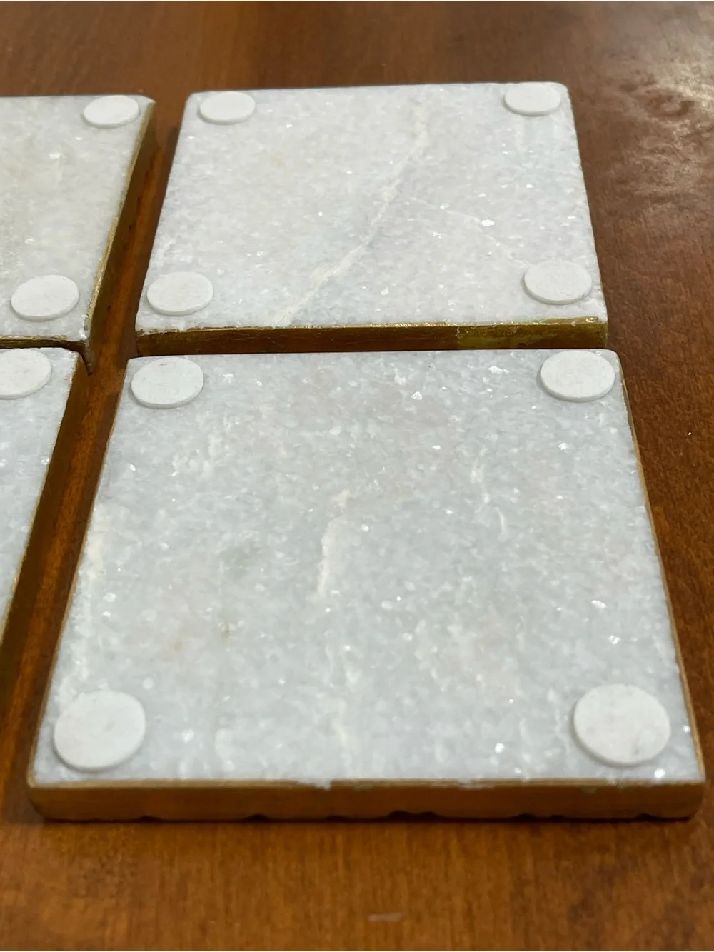 White Natural Stone Marble Sparkle Shimmery Square Coasters Gold Edges 4x4 4 Set